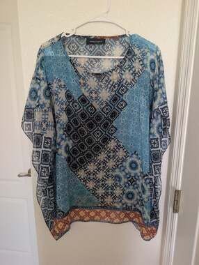 Meryl Diamond New York Women XL Blue/Black Sheer Boho Blouse, Hippie, Indie